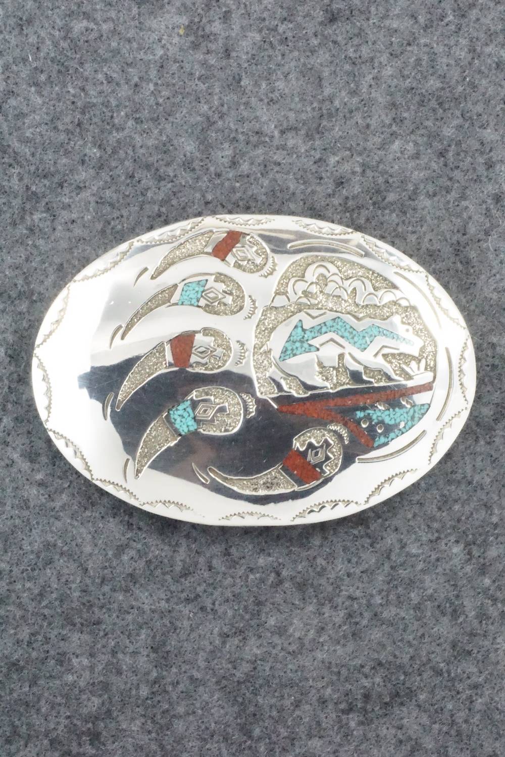 Turquoise, Coral and Sterling Silver Belt Buckle - Raymond Begay
