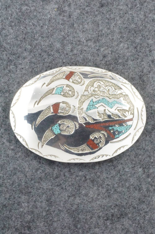 Turquoise, Coral and Sterling Silver Belt Buckle - Raymond Begay