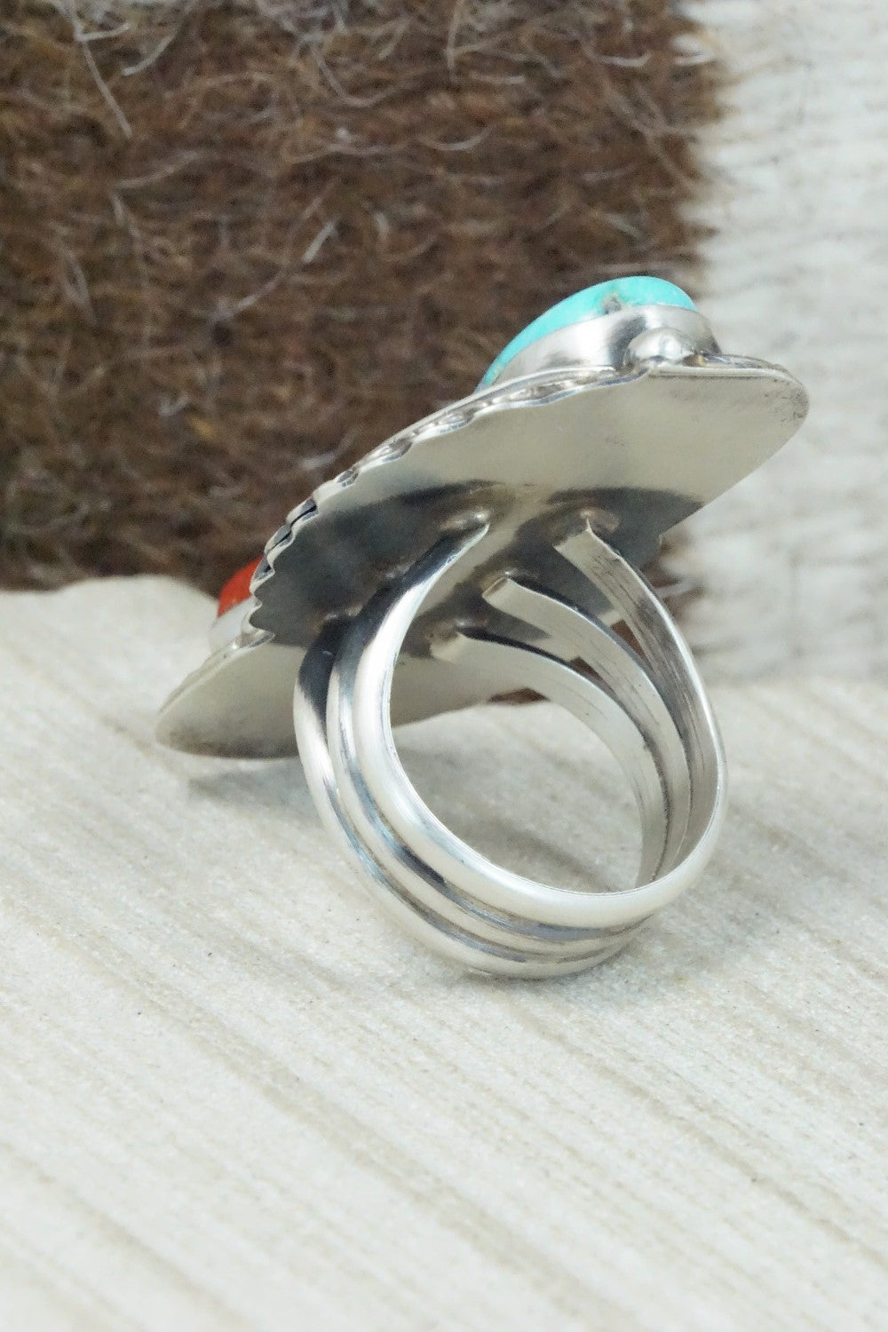 Turquoise, Coral and Sterling Silver Ring - Betta Lee - Size 8.25