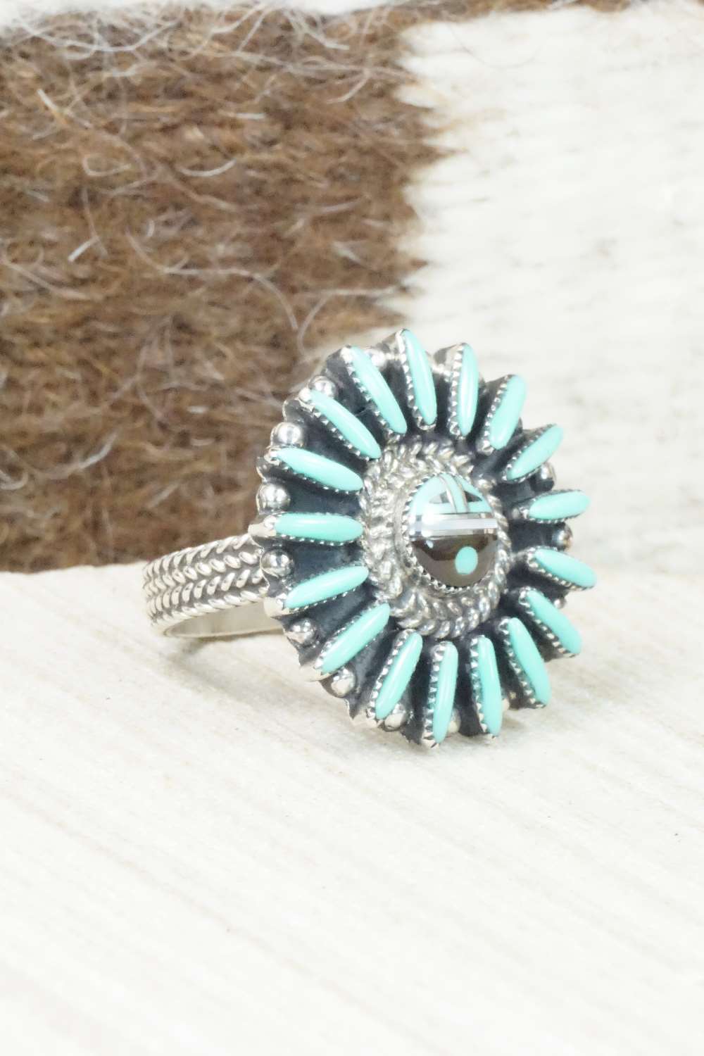 Turquoise & Sterling Silver Inlay Ring - Evelyn Mahkee - Size 7