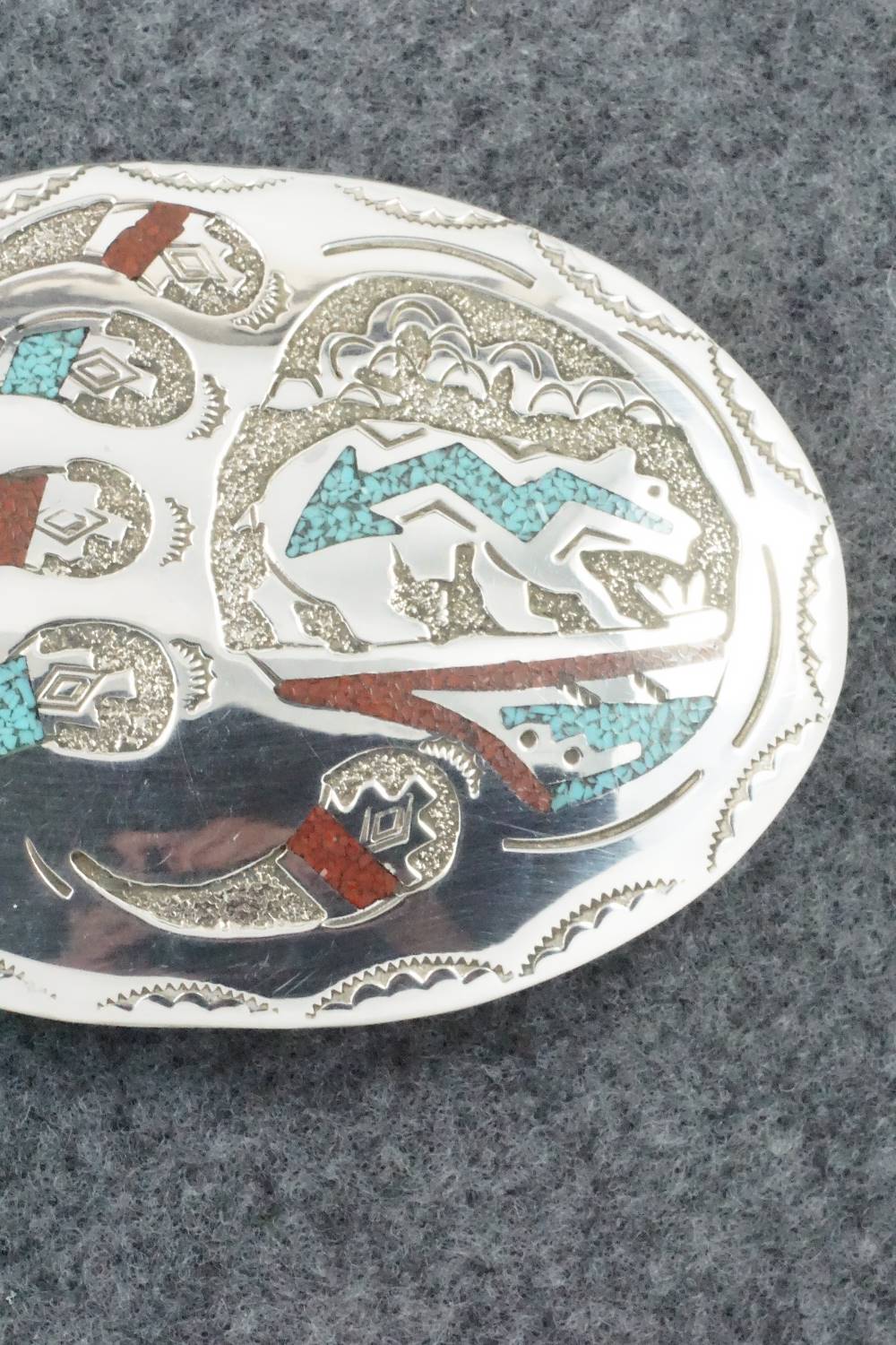Turquoise, Coral and Sterling Silver Belt Buckle - Raymond Begay