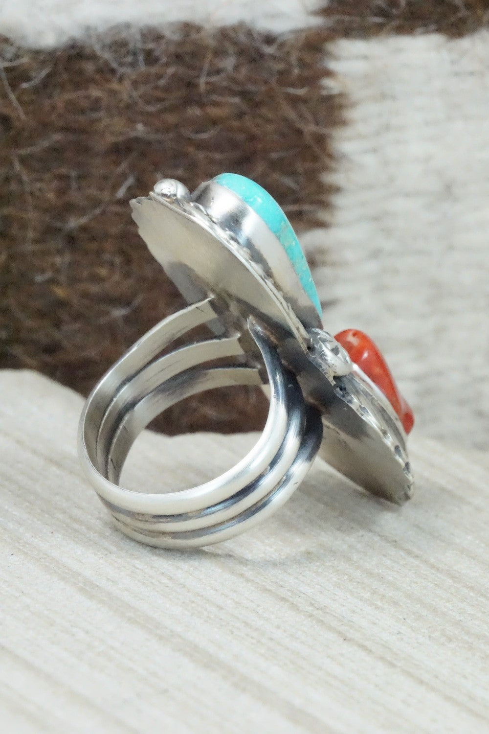 Turquoise, Coral and Sterling Silver Ring - Betta Lee - Size 8.25