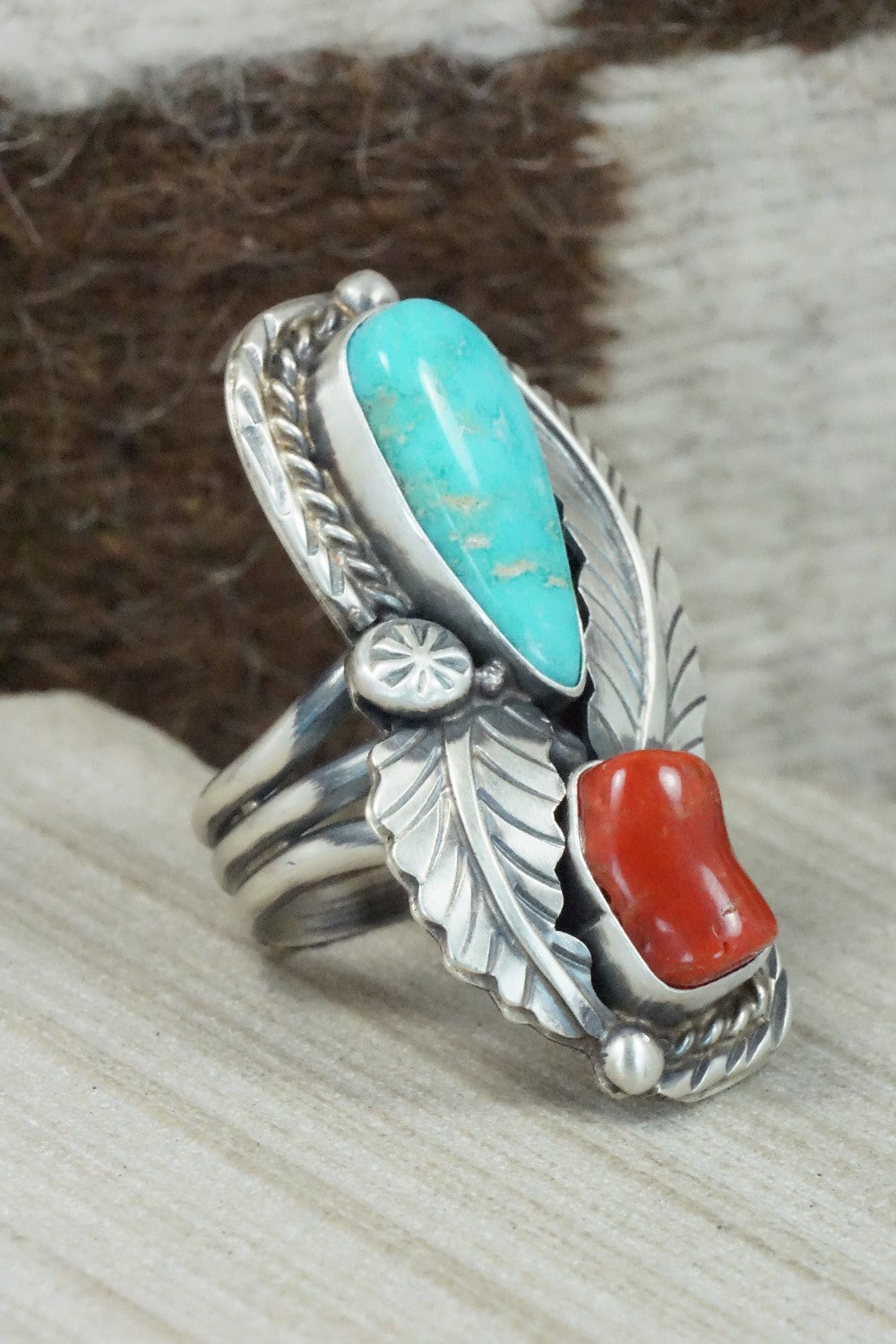 Turquoise, Coral and Sterling Silver Ring - Betta Lee - Size 8.25