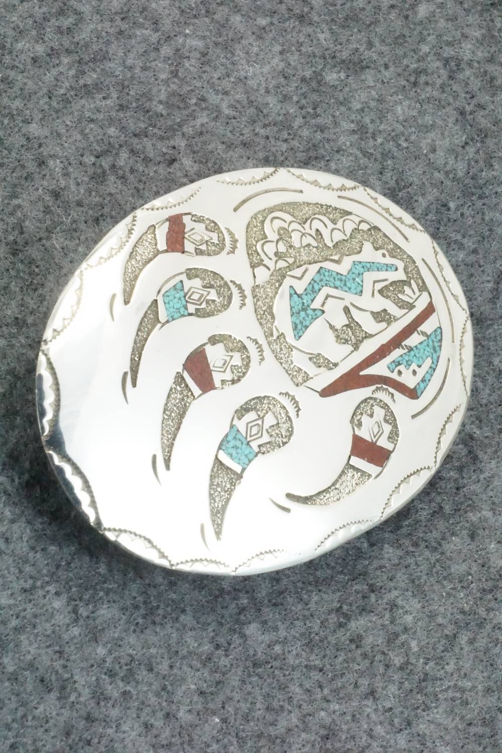 Turquoise, Coral and Sterling Silver Belt Buckle - Raymond Begay
