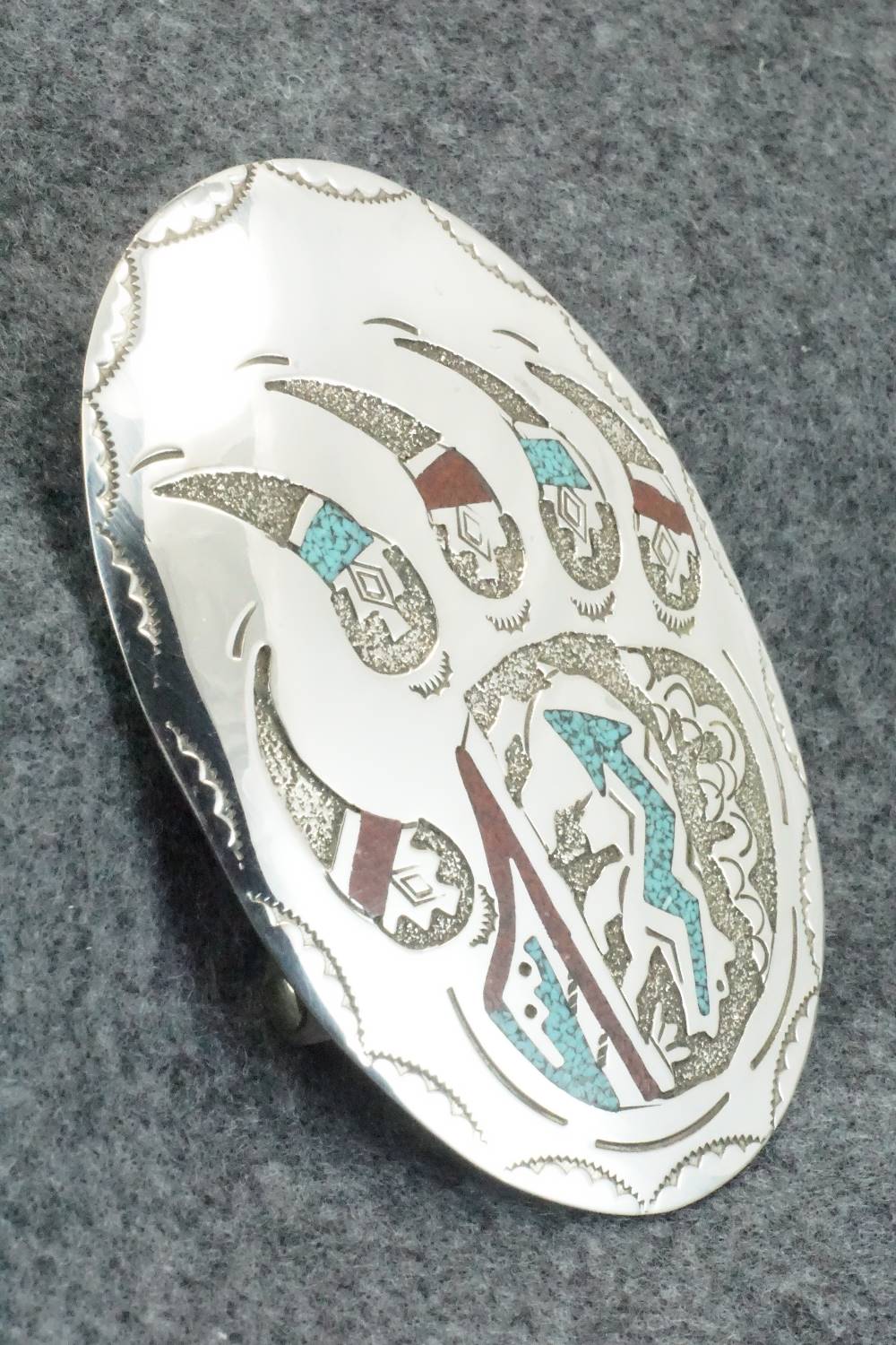 Turquoise, Coral and Sterling Silver Belt Buckle - Raymond Begay