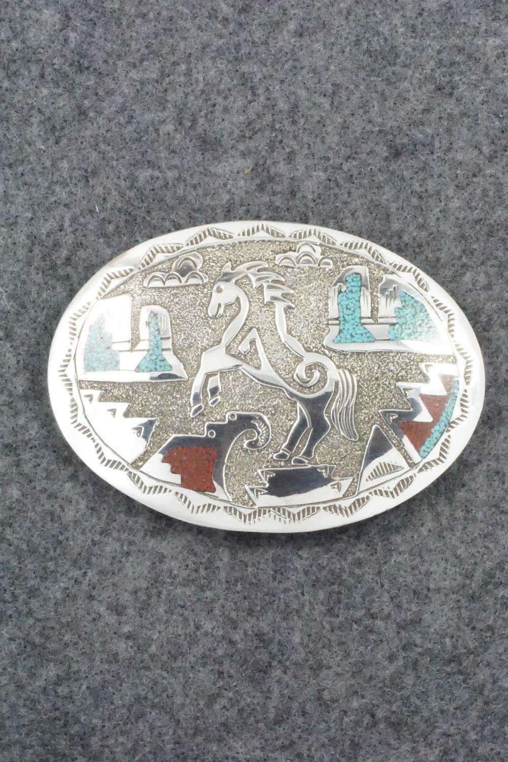 Turquoise, Coral and Sterling Silver Belt Buckle - Raymond Begay