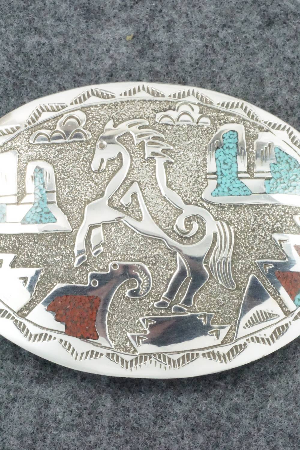 Turquoise, Coral and Sterling Silver Belt Buckle - Raymond Begay