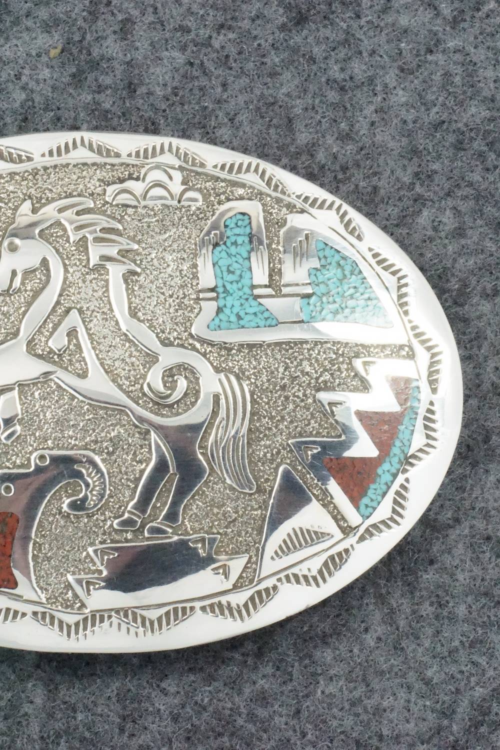 Turquoise, Coral and Sterling Silver Belt Buckle - Raymond Begay