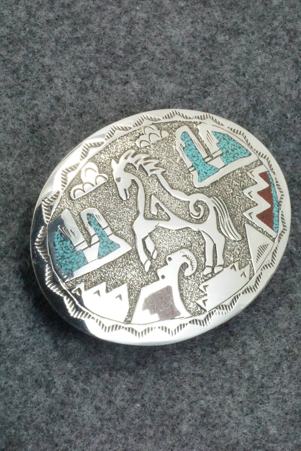 Turquoise, Coral and Sterling Silver Belt Buckle - Raymond Begay