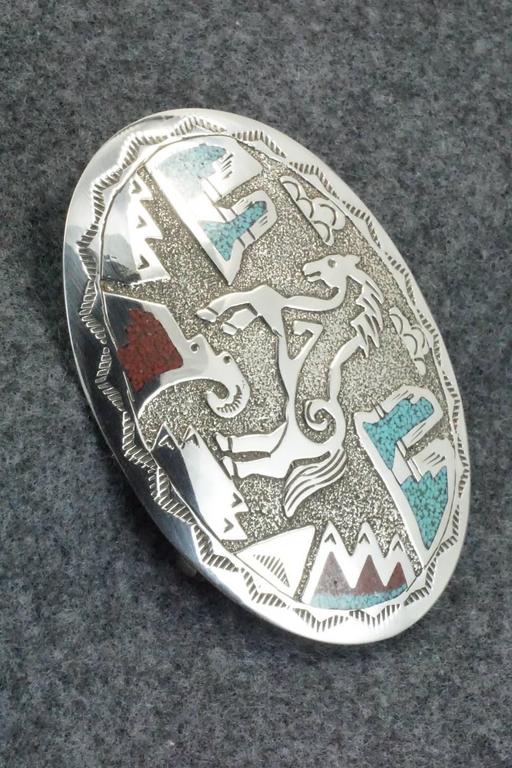 Turquoise, Coral and Sterling Silver Belt Buckle - Raymond Begay