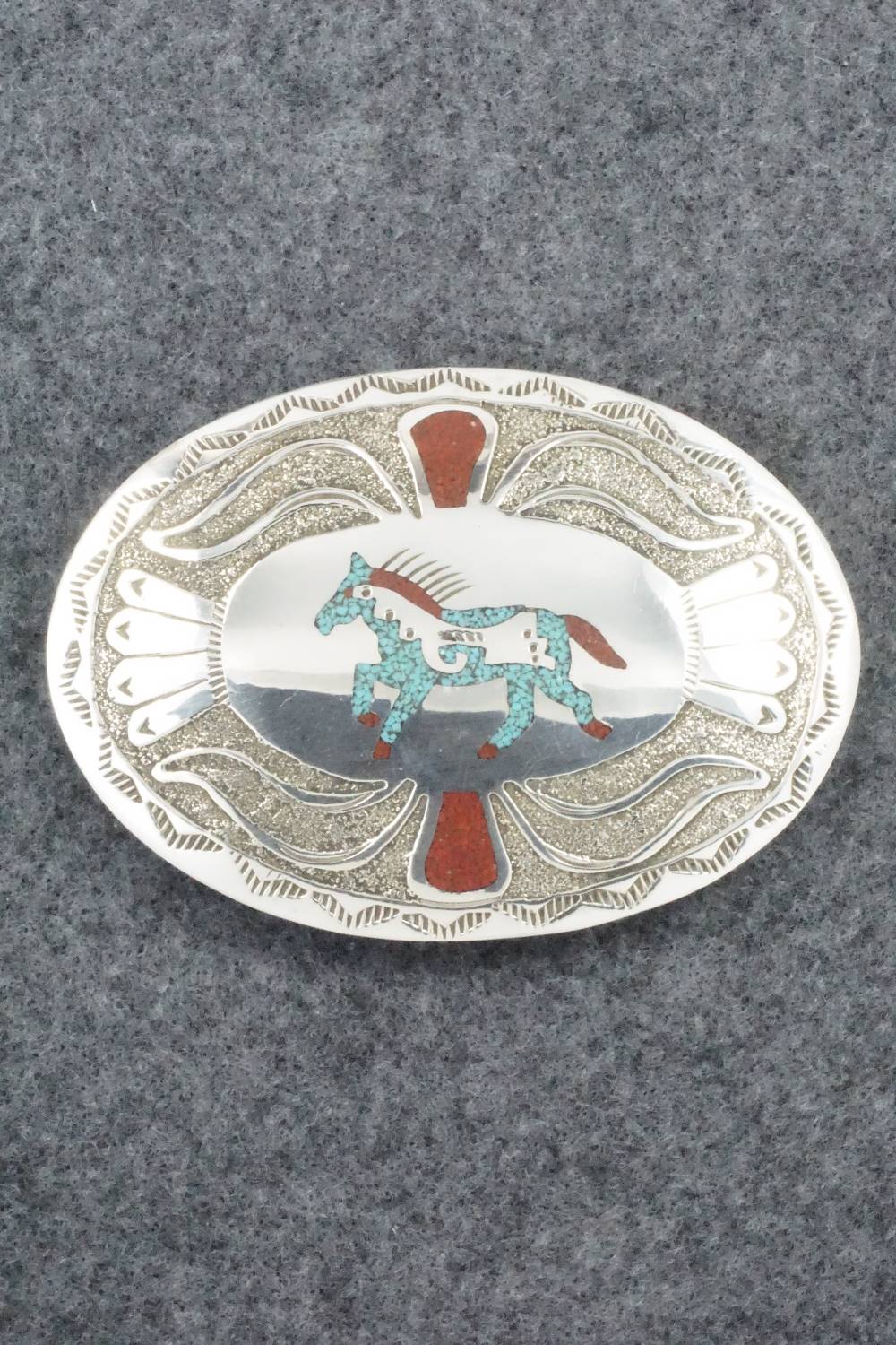 Turquoise, Coral and Sterling Silver Belt Buckle - Raymond Begay