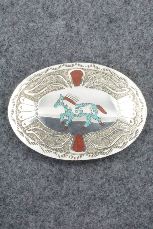 Turquoise, Coral and Sterling Silver Belt Buckle - Raymond Begay
