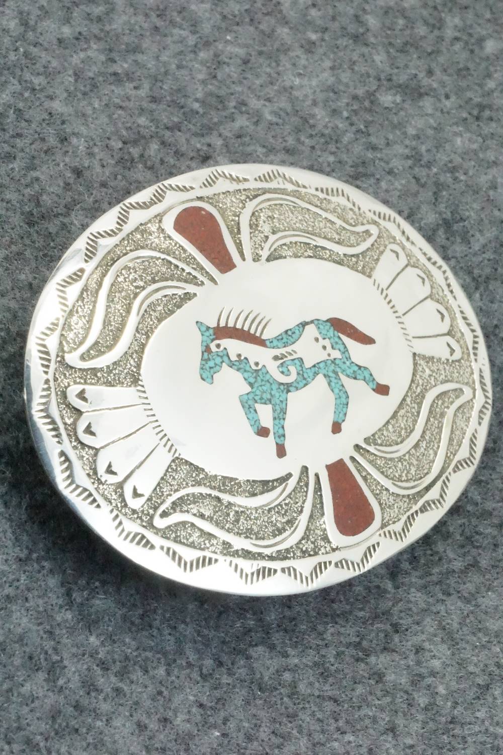 Turquoise, Coral and Sterling Silver Belt Buckle - Raymond Begay