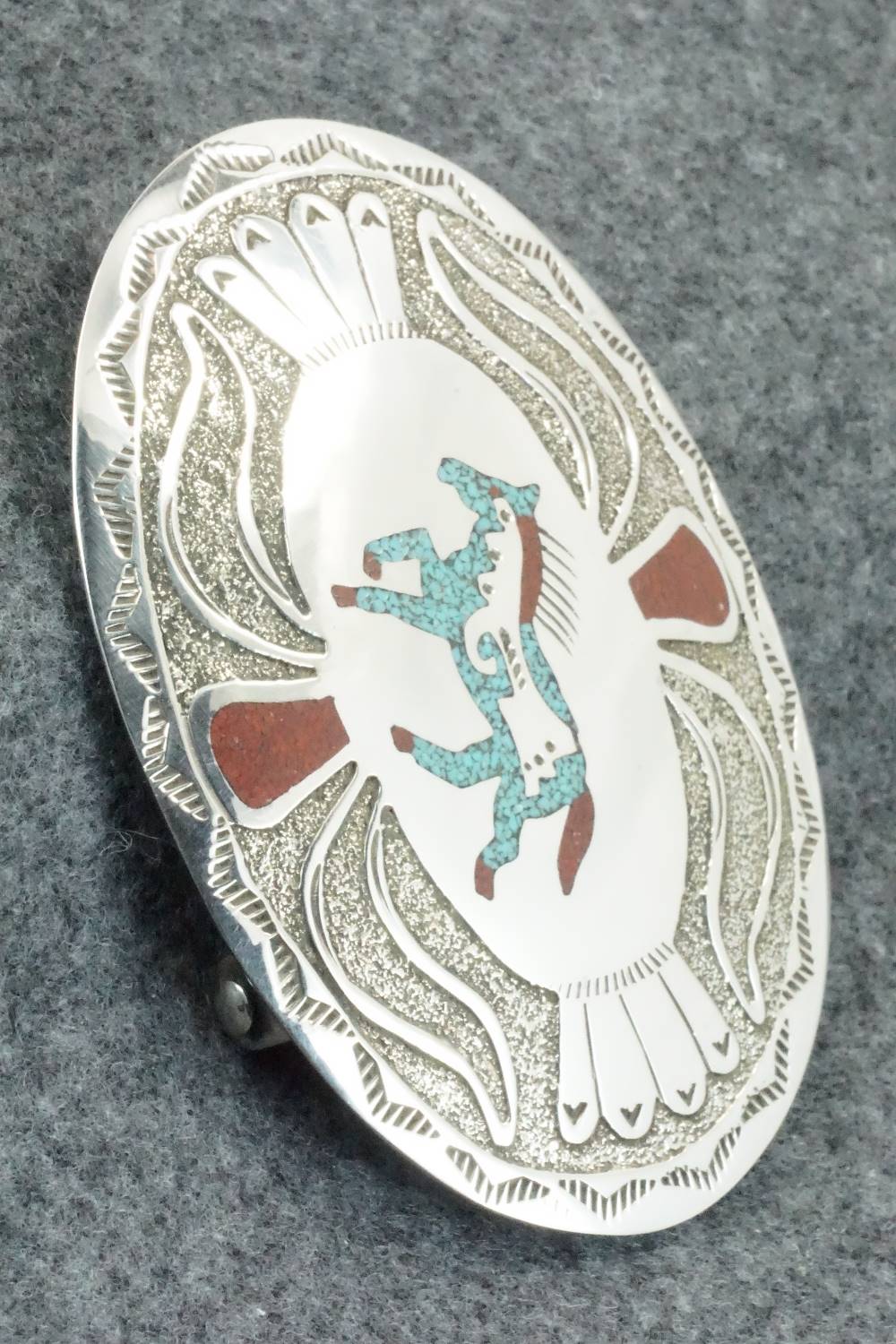 Turquoise, Coral and Sterling Silver Belt Buckle - Raymond Begay