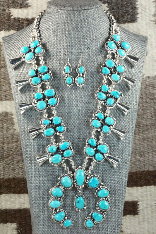Turquoise & Sterling Silver Squash Blossom and Earrings - Vernon Johnson