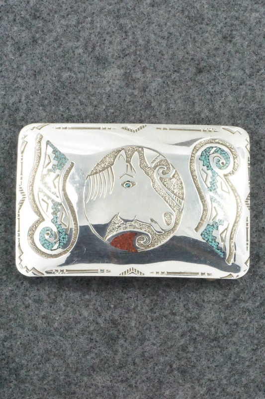 Turquoise, Coral and Sterling Silver Belt Buckle - Raymond Begay