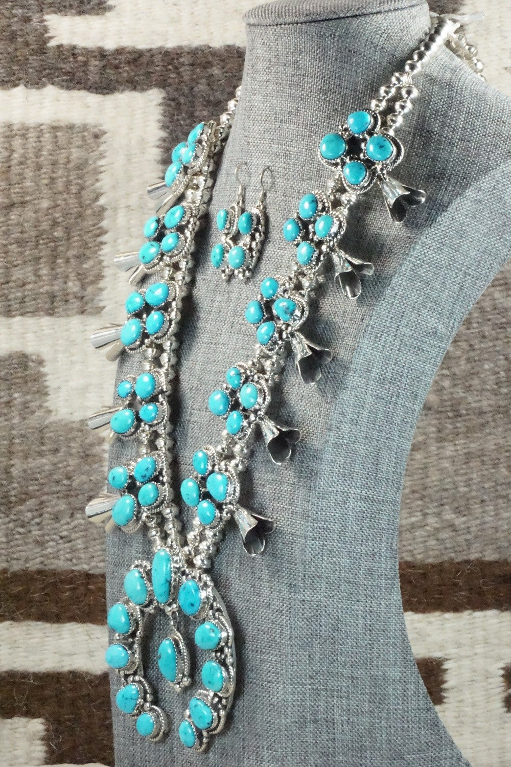 Turquoise & Sterling Silver Squash Blossom and Earrings - Vernon Johnson