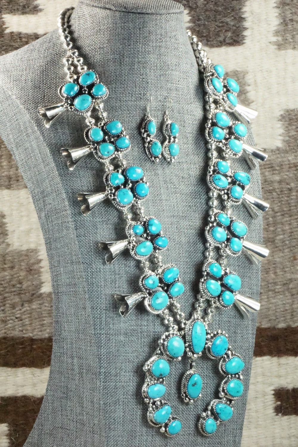 Turquoise & Sterling Silver Squash Blossom and Earrings - Vernon Johnson