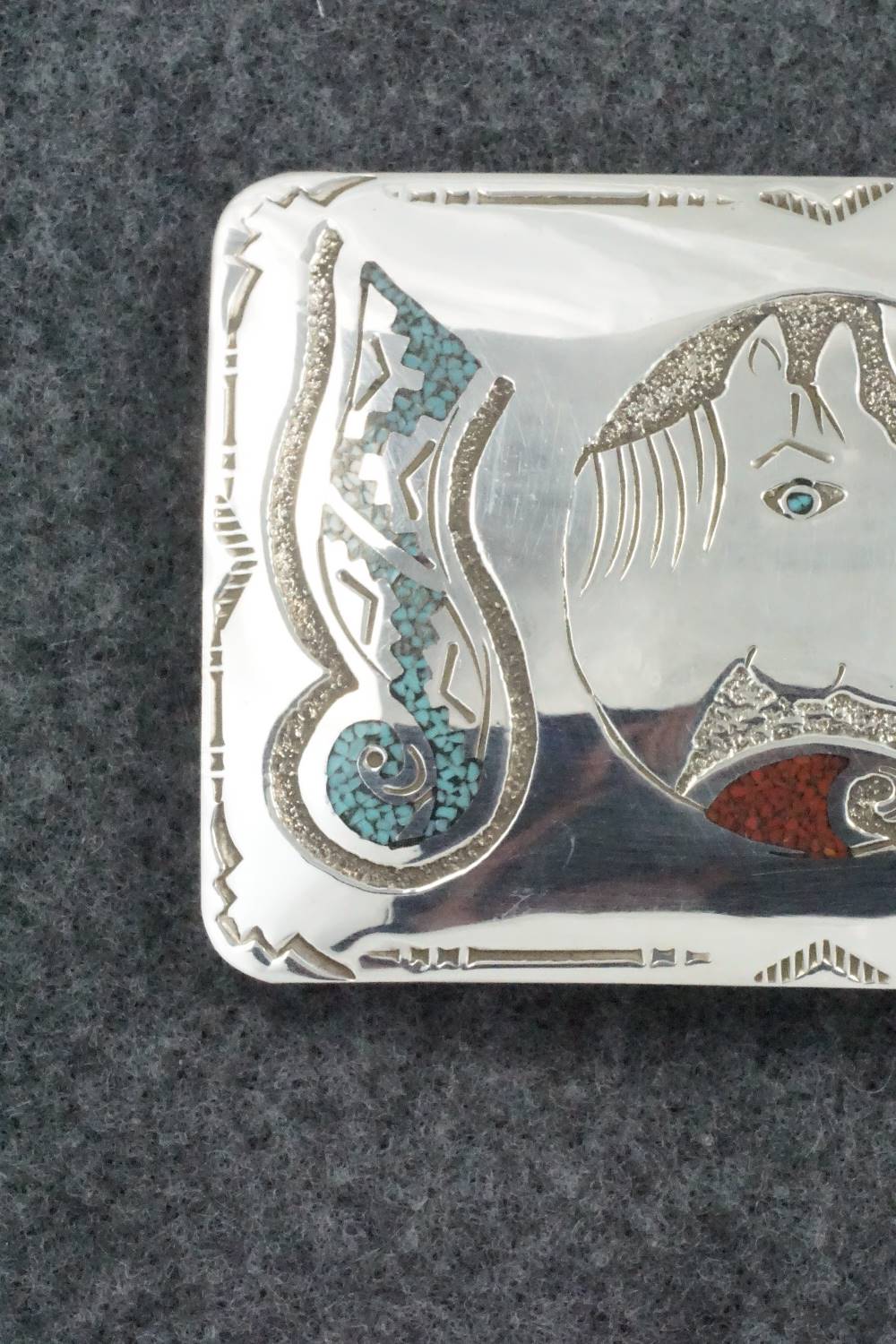 Turquoise, Coral and Sterling Silver Belt Buckle - Raymond Begay