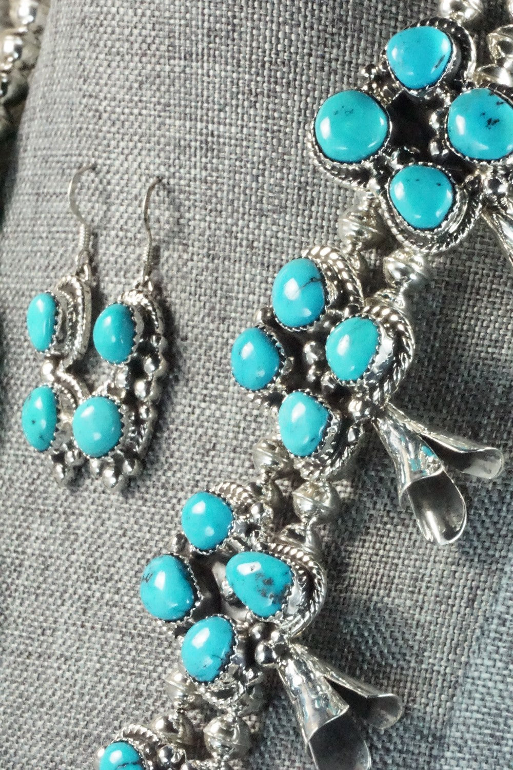Turquoise & Sterling Silver Squash Blossom and Earrings - Vernon Johnson