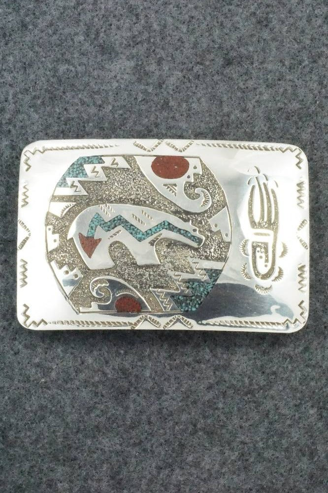 Turquoise, Coral and Sterling Silver Belt Buckle - Raymond Begay
