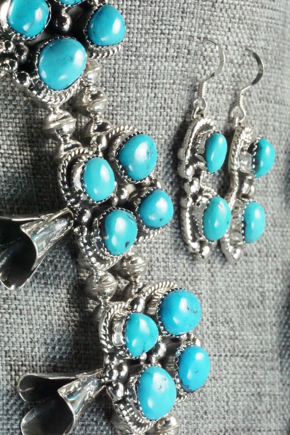 Turquoise & Sterling Silver Squash Blossom and Earrings - Vernon Johnson