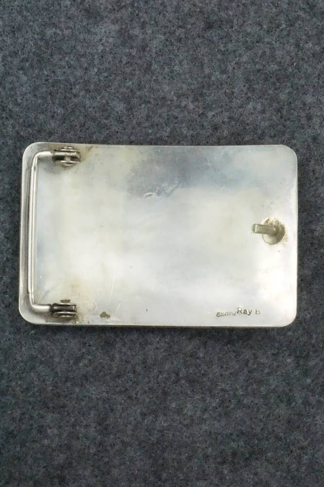 Turquoise, Coral and Sterling Silver Belt Buckle - Raymond Begay