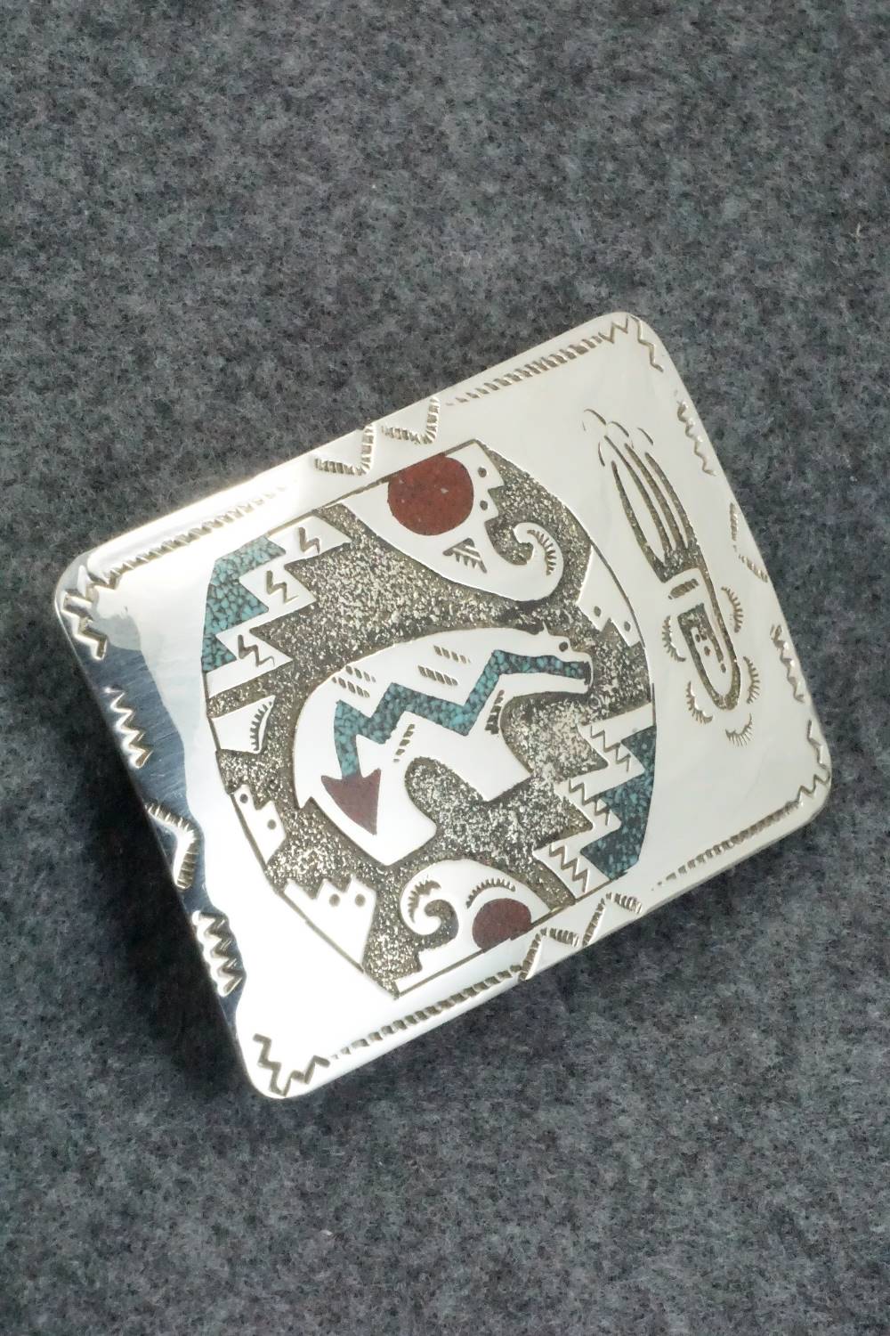 Turquoise, Coral and Sterling Silver Belt Buckle - Raymond Begay