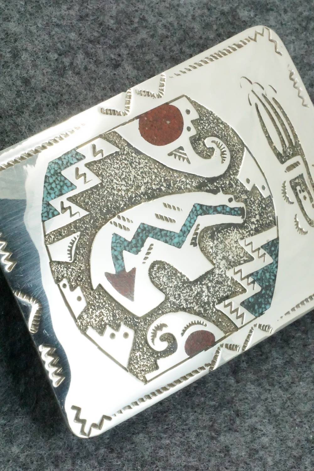 Turquoise, Coral and Sterling Silver Belt Buckle - Raymond Begay