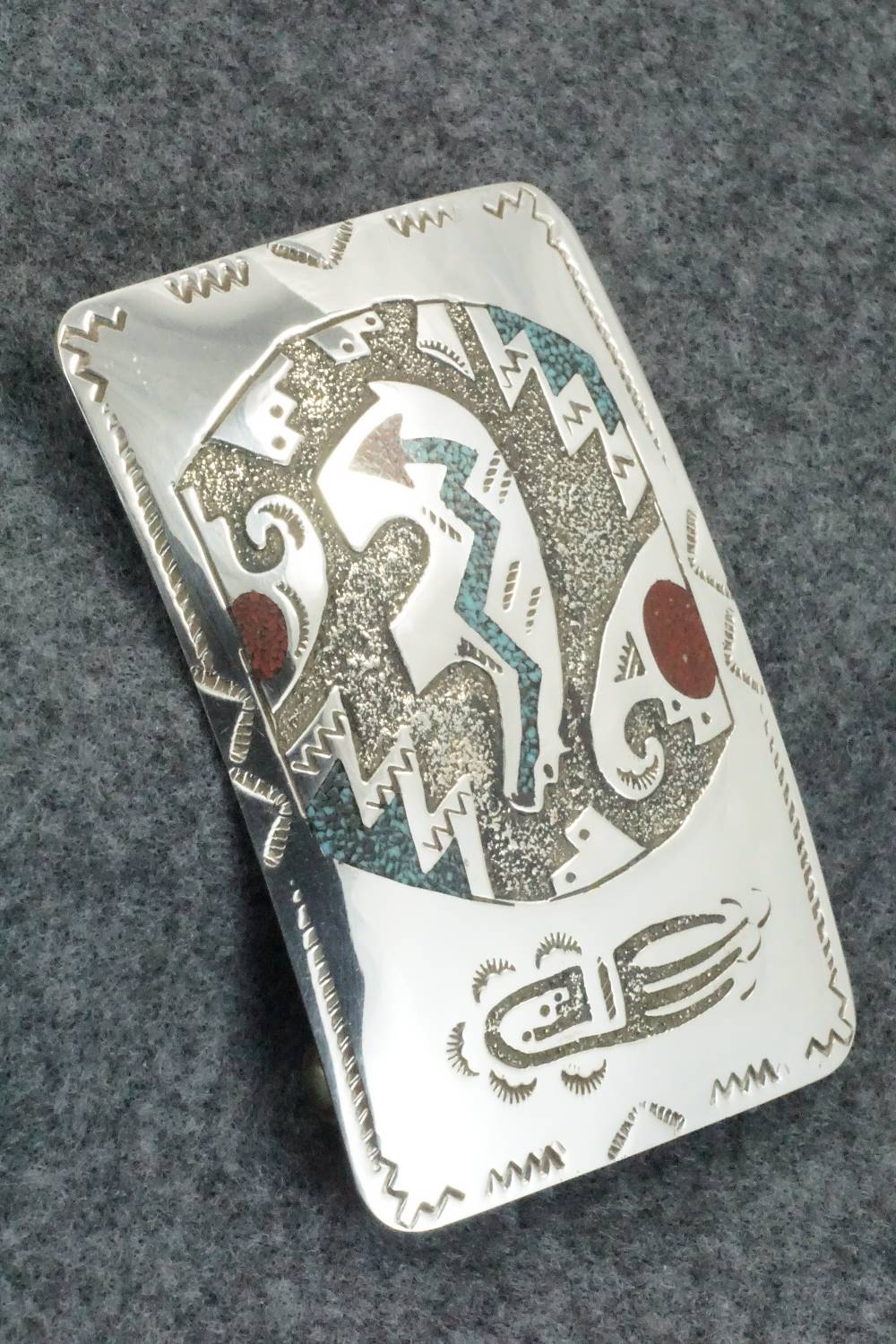 Turquoise, Coral and Sterling Silver Belt Buckle - Raymond Begay