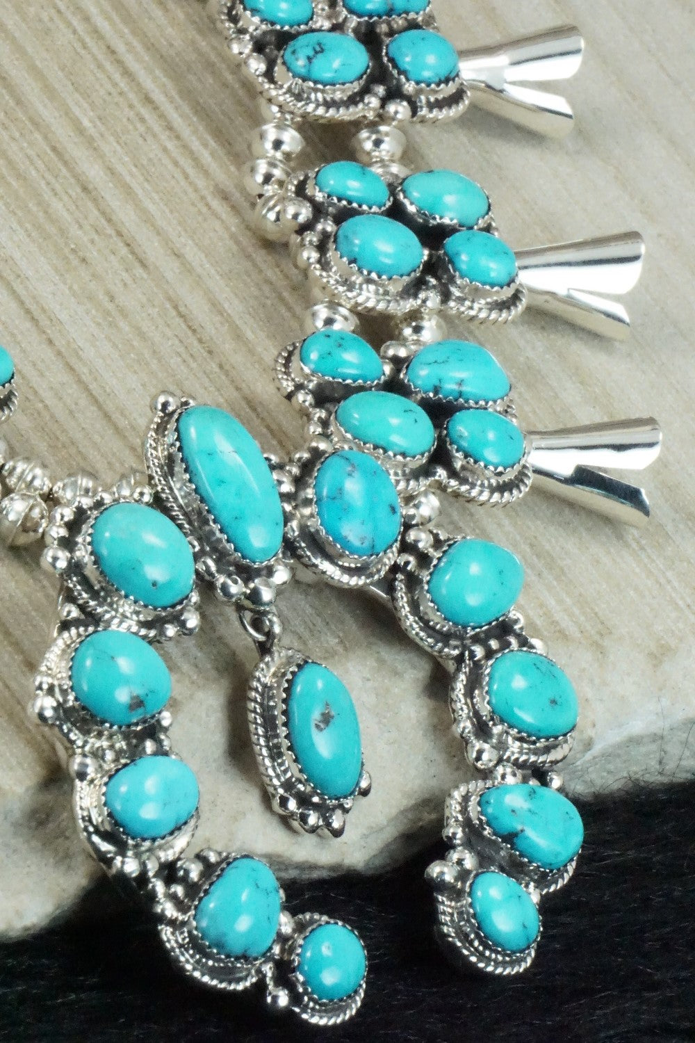 Turquoise & Sterling Silver Squash Blossom and Earrings - Vernon Johnson