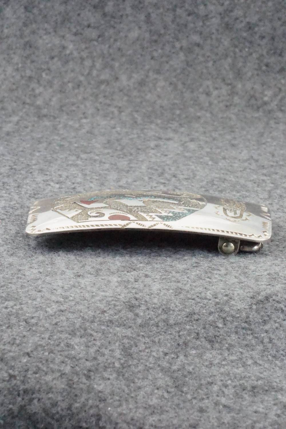 Turquoise, Coral and Sterling Silver Belt Buckle - Raymond Begay