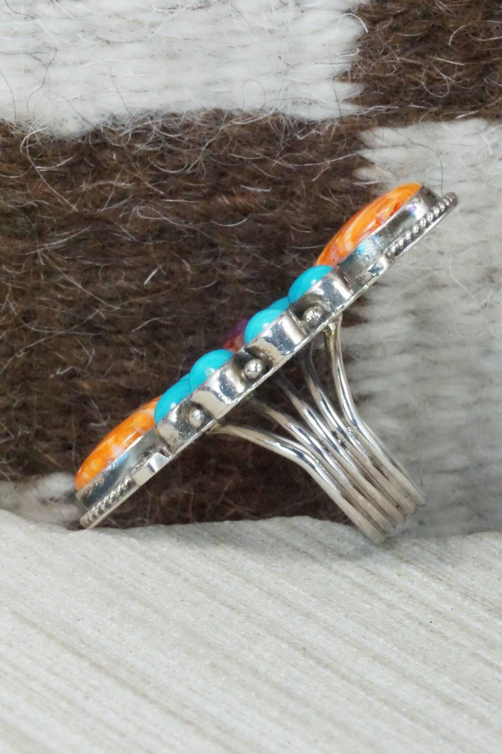 Spiny Oyster, Turquoise & Sterling Silver Ring - Navajo - Size 5.75