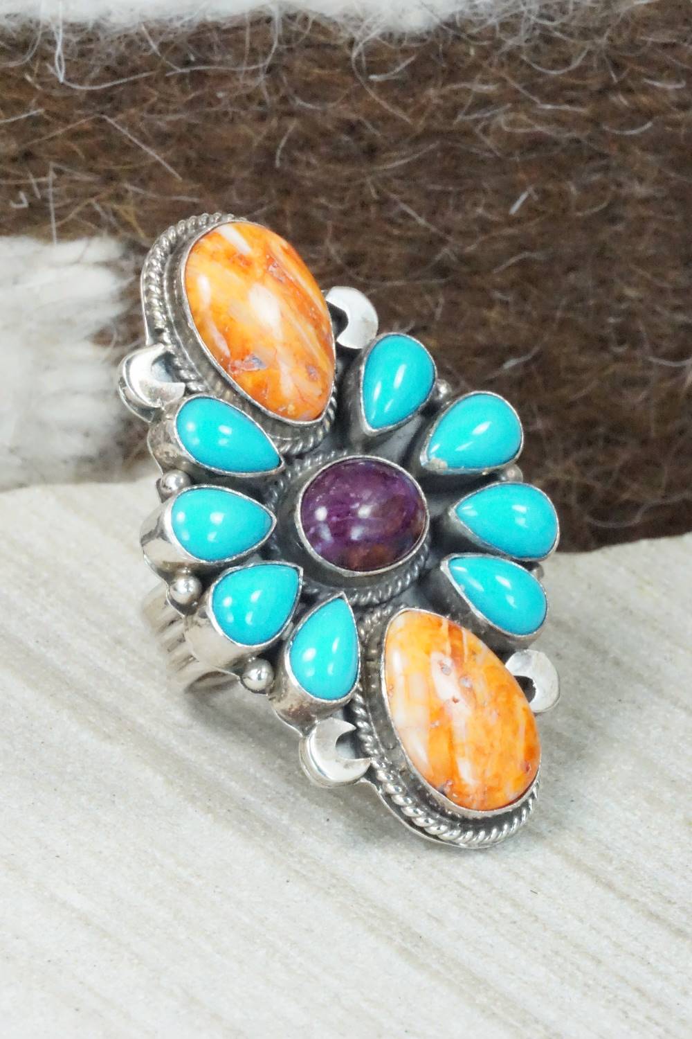 Spiny Oyster, Turquoise & Sterling Silver Ring - Navajo - Size 5.75