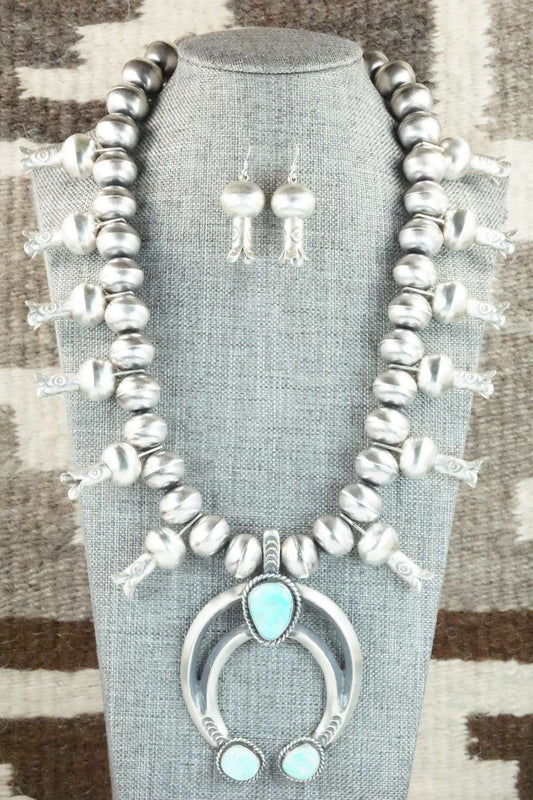 Turquoise & Sterling Silver Squash Blossom Necklace and Earrings - Chris Hale