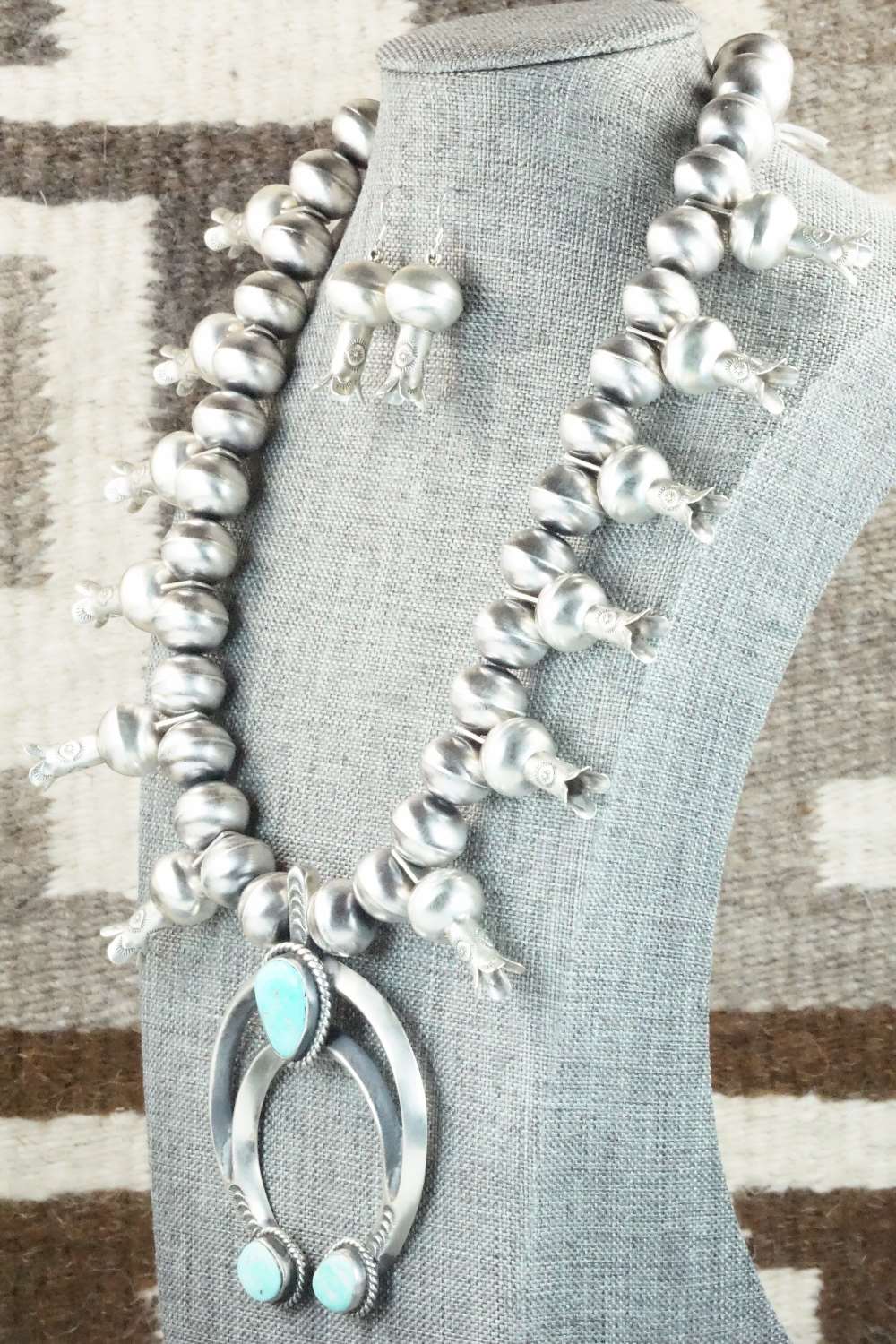 Turquoise & Sterling Silver Squash Blossom Necklace and Earrings - Chris Hale