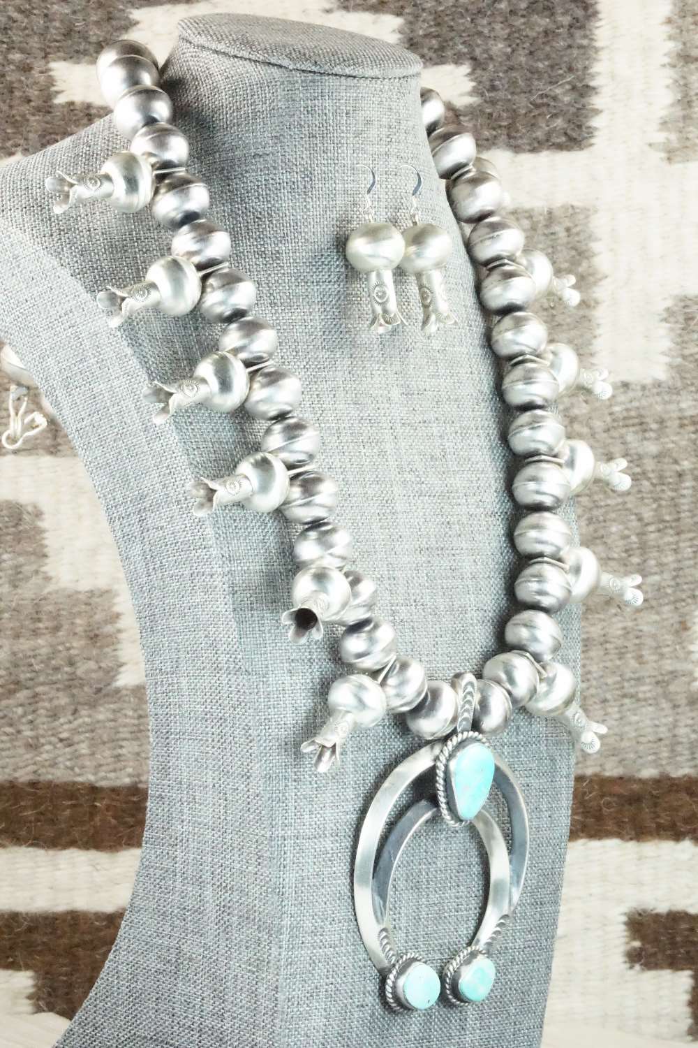 Turquoise & Sterling Silver Squash Blossom Necklace and Earrings - Chris Hale