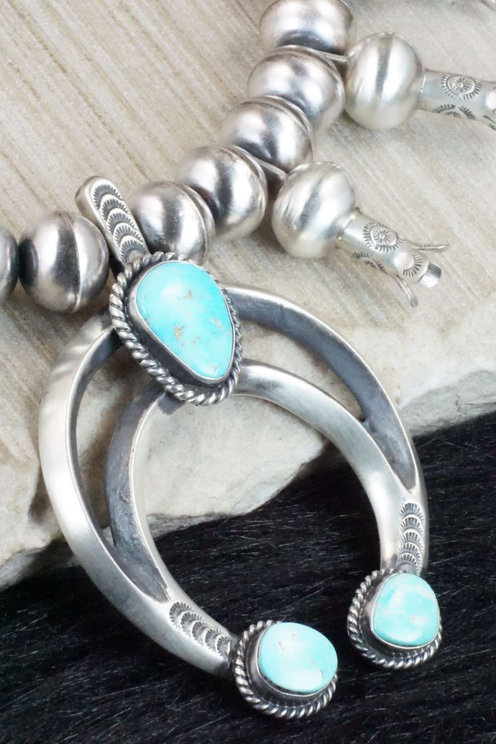 Turquoise & Sterling Silver Squash Blossom Necklace and Earrings - Chris Hale