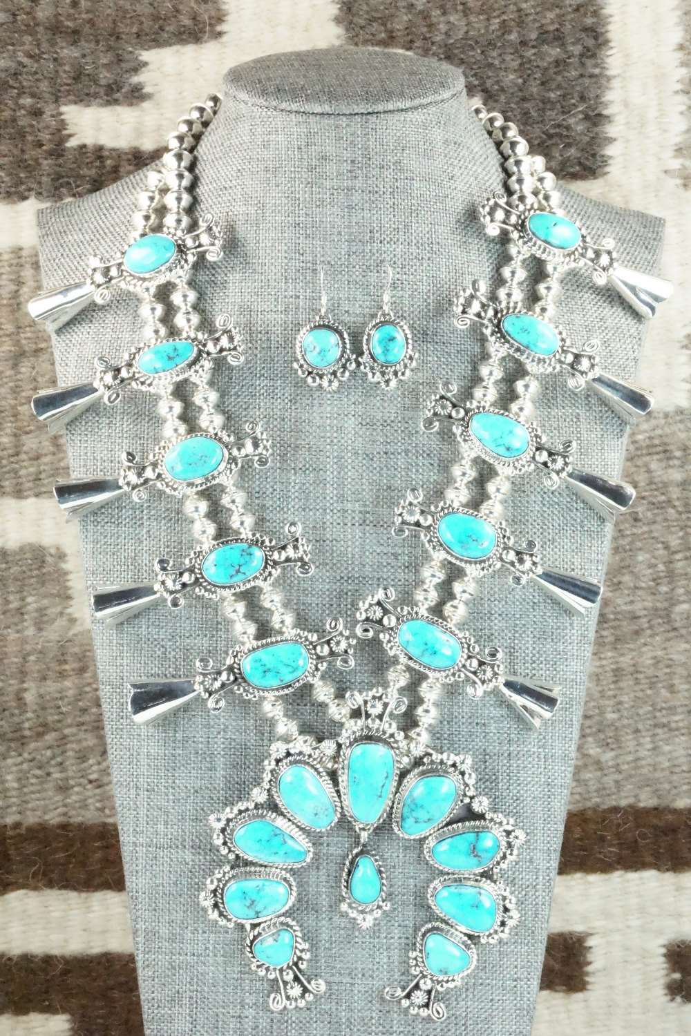 Turquoise & Sterling Silver Squash Blossom and Earrings - Vernon Johnson