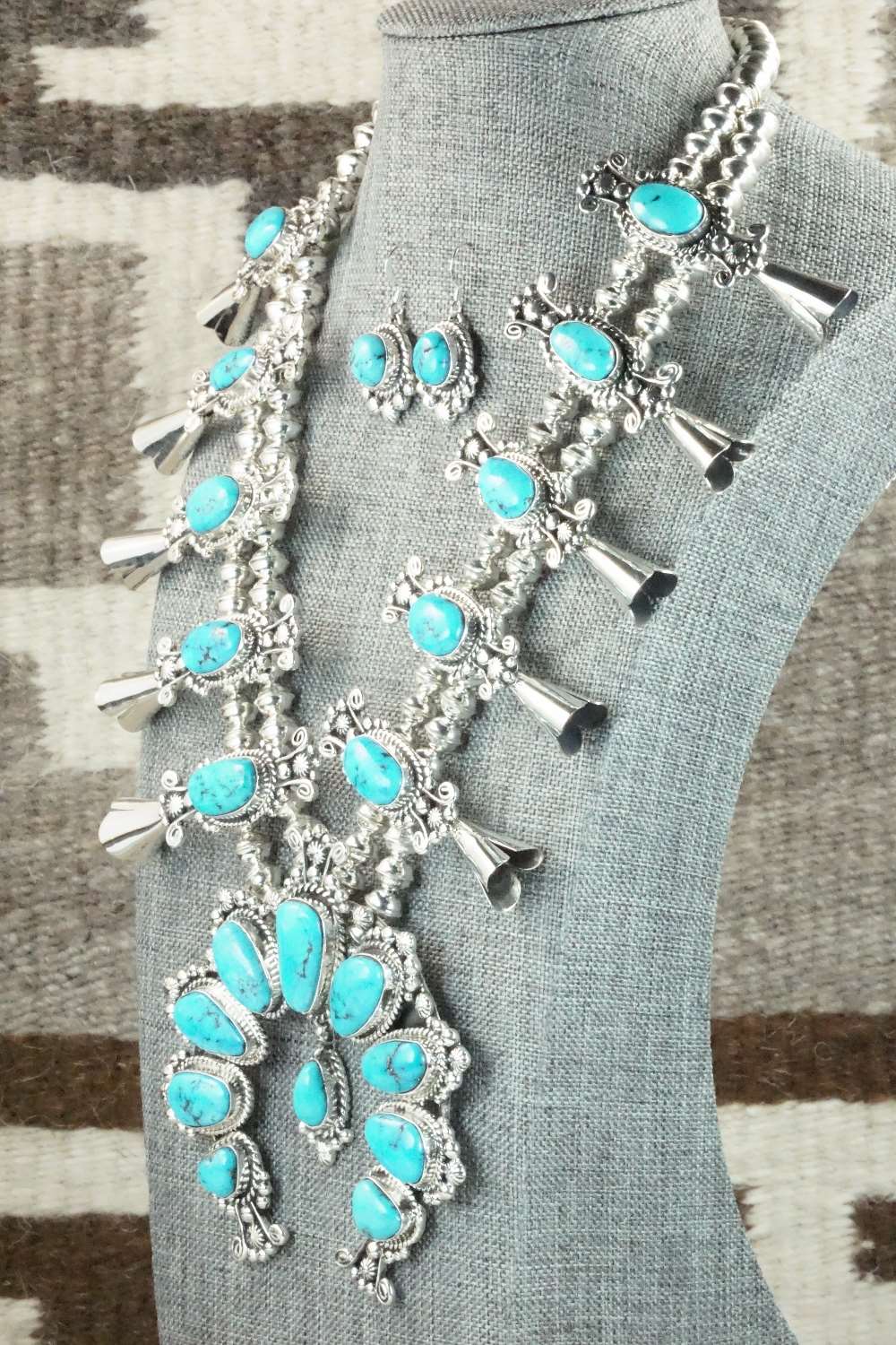 Turquoise & Sterling Silver Squash Blossom and Earrings - Vernon Johnson