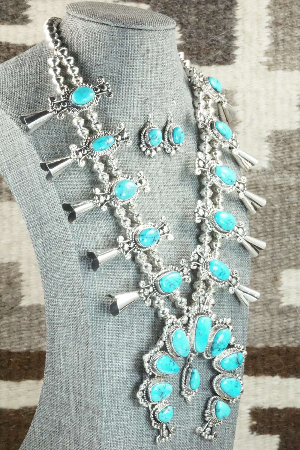 Turquoise & Sterling Silver Squash Blossom and Earrings - Vernon Johnson