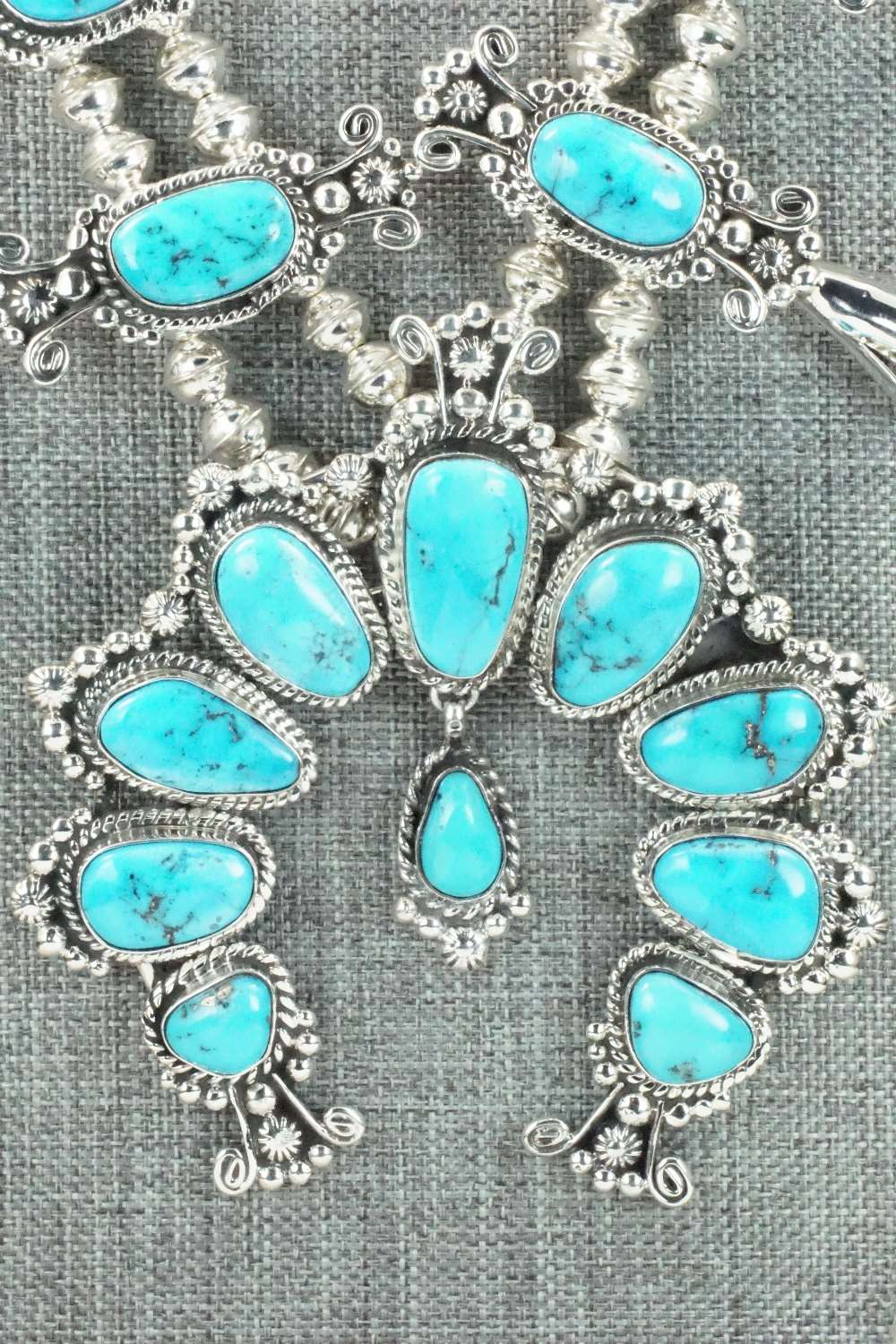 Turquoise & Sterling Silver Squash Blossom and Earrings - Vernon Johnson