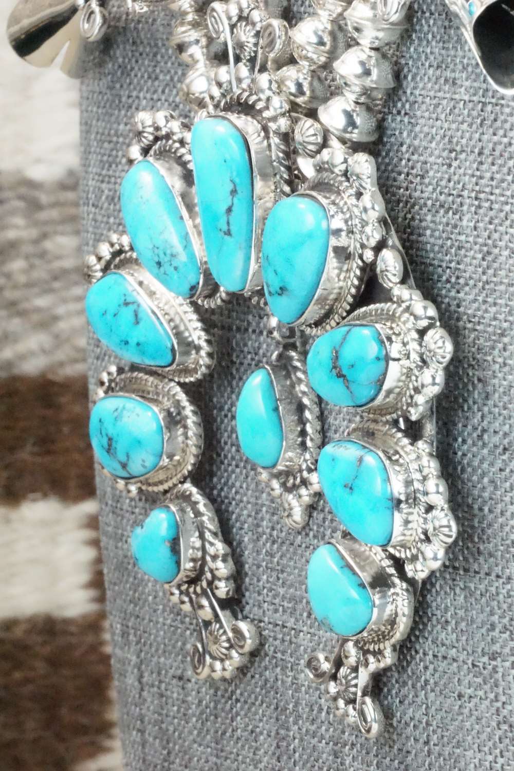 Turquoise & Sterling Silver Squash Blossom and Earrings - Vernon Johnson