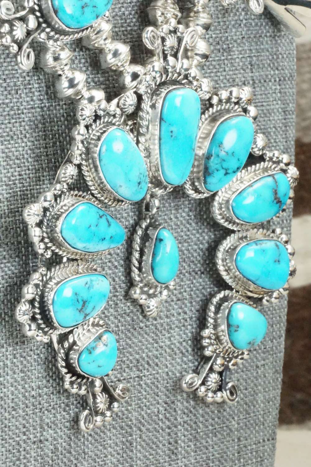 Turquoise & Sterling Silver Squash Blossom and Earrings - Vernon Johnson