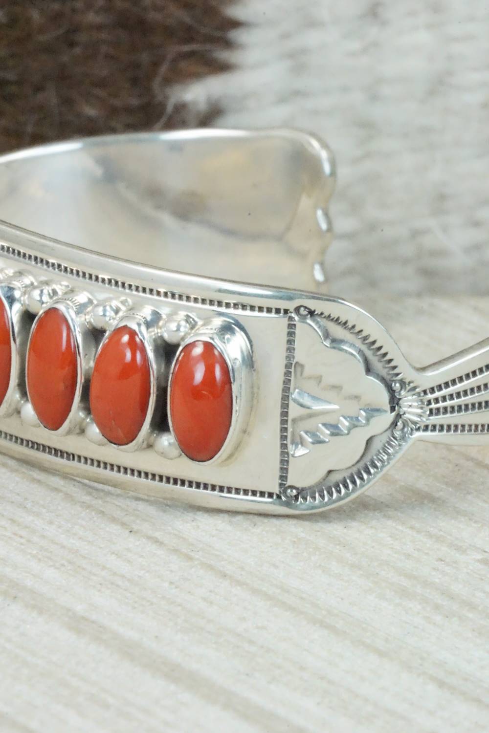 Coral and Sterling Silver Bracelet - Navajo