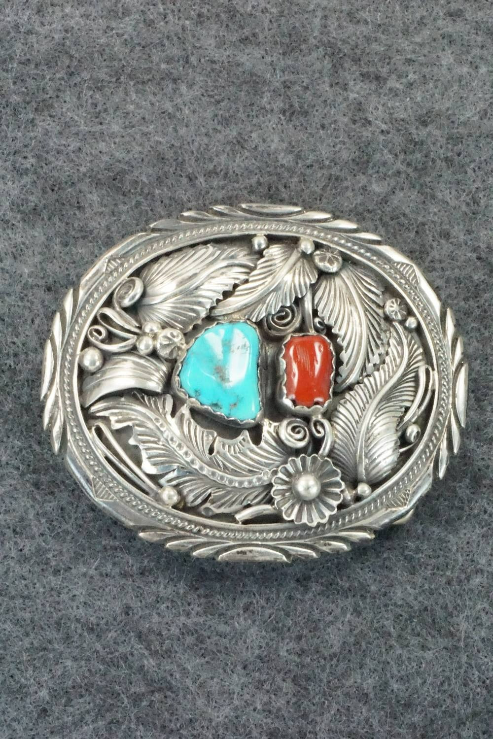 Turquoise, Coral & Sterling Silver Belt Buckle - Robert Kelly