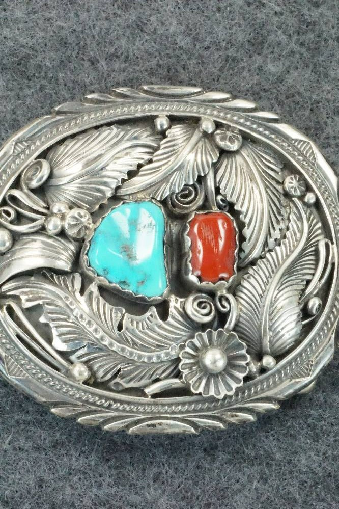 Turquoise, Coral & Sterling Silver Belt Buckle - Robert Kelly