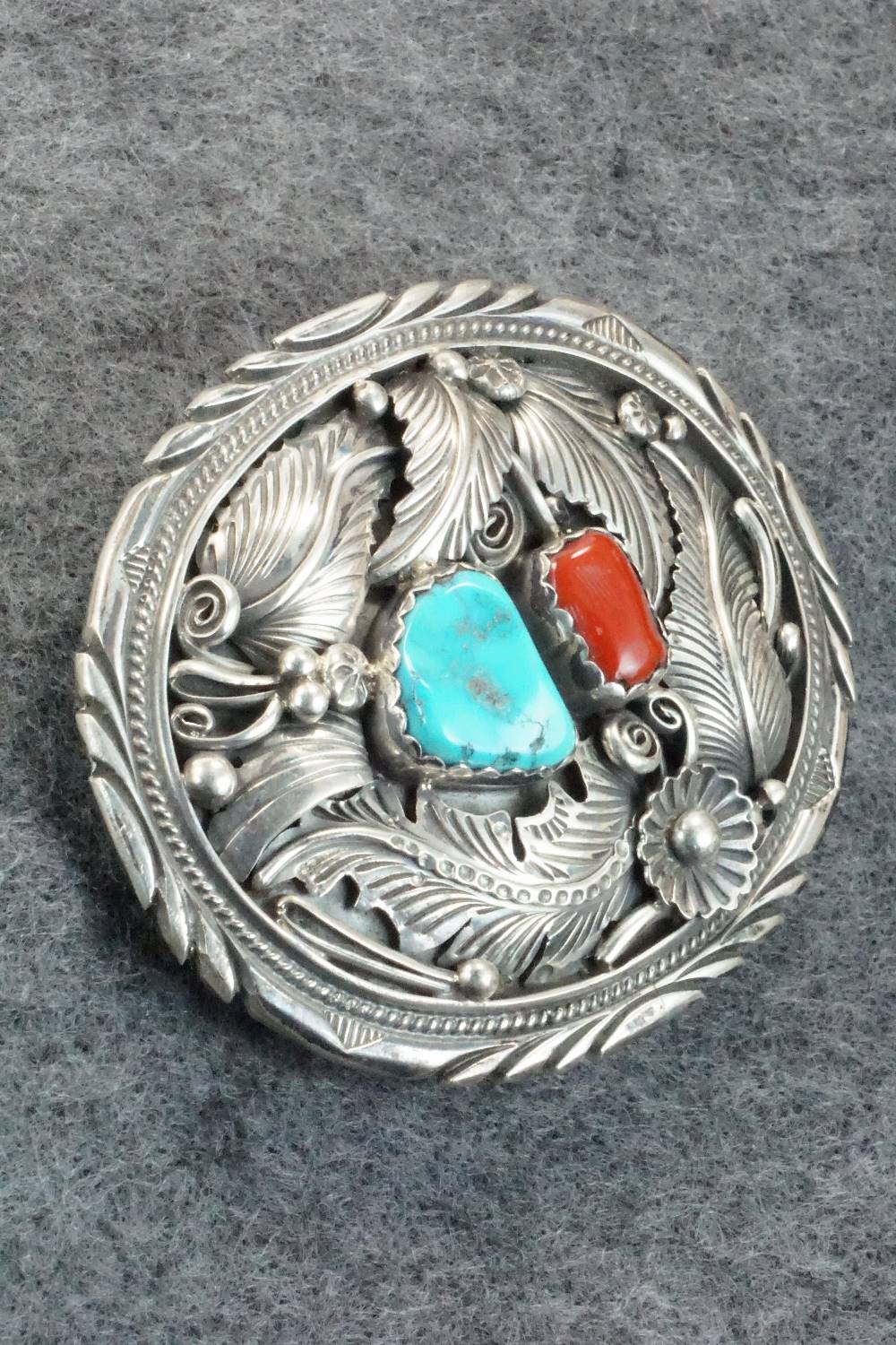 Turquoise, Coral & Sterling Silver Belt Buckle - Robert Kelly