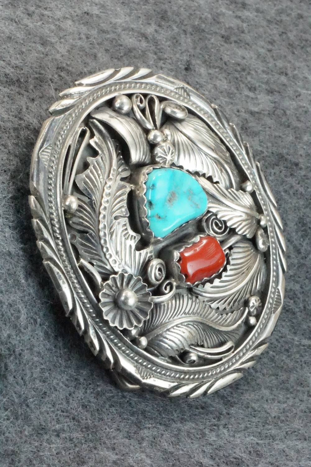 Turquoise, Coral & Sterling Silver Belt Buckle - Robert Kelly