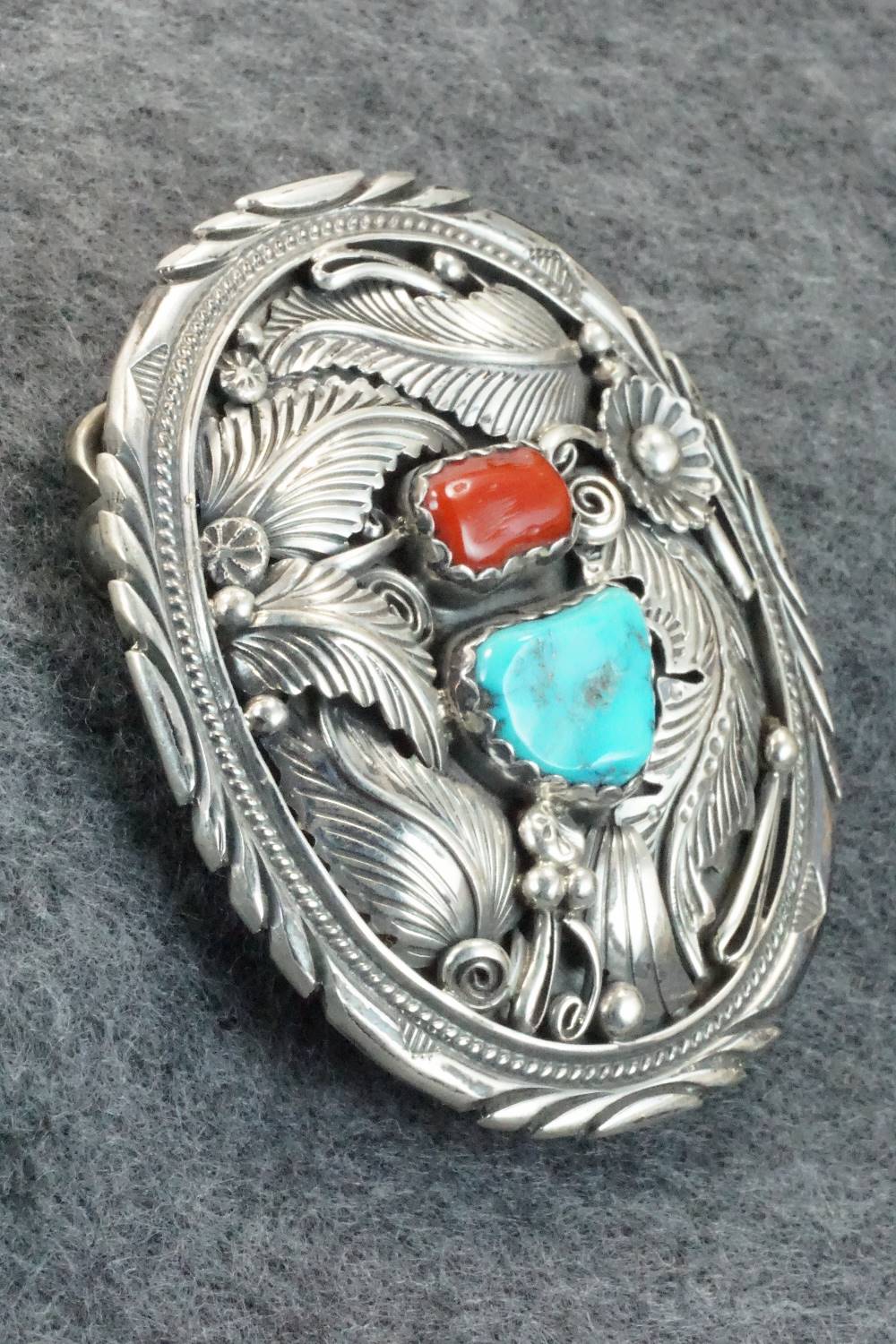 Turquoise, Coral & Sterling Silver Belt Buckle - Robert Kelly